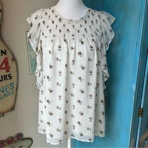 LOFT Cream Floral Ruffle Trim Blouse